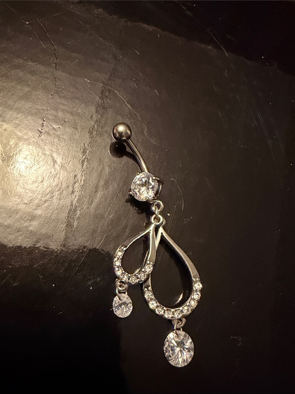 Silver Teardrop Dangle Belly Button Ring with Clear Crystals